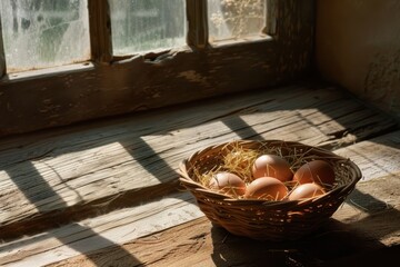 Rustic wicker basket filled with fresh brown organic eggs resting on straw, placed on a weathered wooden table.