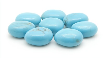 A close up collection of smooth polished blue turquoise stones with natural veining on a white background