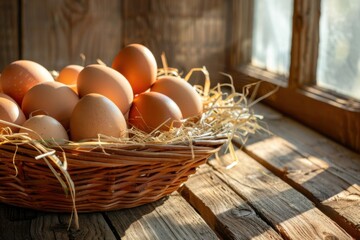 Rustic wicker basket filled with fresh brown organic eggs resting on straw, placed on a weathered wooden table.