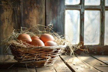 Rustic wicker basket filled with fresh brown organic eggs resting on straw, placed on a weathered wooden table.