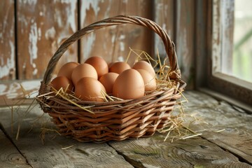 Rustic wicker basket filled with fresh brown organic eggs resting on straw, placed on a weathered wooden table.