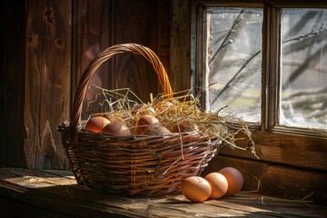 Rustic wicker basket filled with fresh brown organic eggs resting on straw, placed on a weathered wooden table.