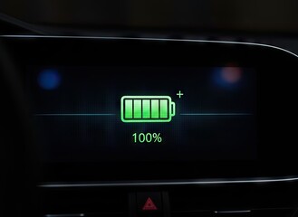 Close Up of a Digital Display Showing a Full Green Battery Icon at 100 Percent Charge on a Car Dashboard