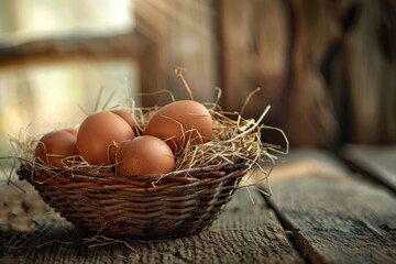 Rustic wicker basket filled with fresh brown organic eggs resting on straw, placed on a weathered wooden table.