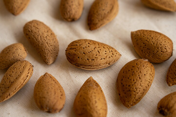 ​Almonds in Shell on Fabric Texture as a Healthy Food and Natural Background