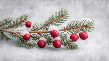 Snow-covered evergreen branch with berries on a plain gray backdrop, crisp textures, high dynamic range