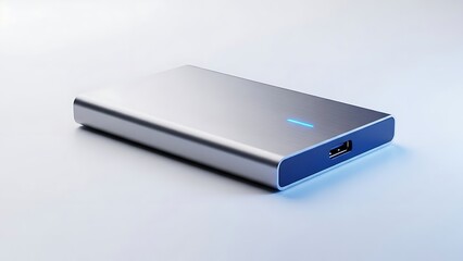 Sleek silver external hard drive with blue led indicator light
