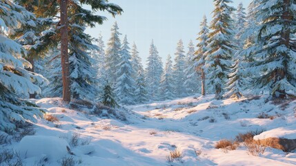 Snow-covered pine forest under a pale blue winter sky, soft sunlight filtering through trees, ultra-realistic landscape