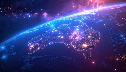 Australia glows with city lights at night against a vibrant space backdrop, showing interconnected data lines