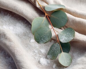 Snow-dusted eucalyptus leaves on neutral linen, soft shadows, high-detail macro