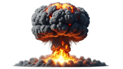 Catastrophic mushroom cloud explosion of a nuclear device isolated on black background