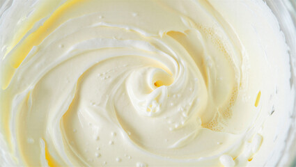 Swirled creamy white and yellow butter or frosting texture closeup