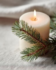 White candle with pine sprig and soft glow, close-up, rich texture, minimalism in lighting