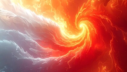 An abstract swirling vortex of intense red-orange flames opposing cool, white, swirling mist or clouds