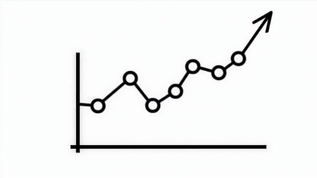 A simplistic line graph illustrating a steady upward trend in data over time, with circular data points marking key values and an arrow indicating future growth potential