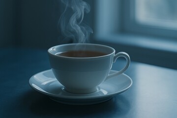 Fototapeta premium Steaming Cup of Coffee in Soft Morning Light