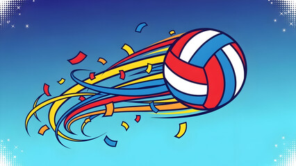 Stylized Illustration of Volleyball in Motion with Swirling Energy Trails and Confetti Showcasing Dynamic Sport Action Celebration and High Impact Athletic Excitement