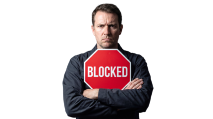 Obstruction Message: A person standing in the front with blocked sign, showing a firm stance and resolute expression, clearly communicating the idea of restriction and stoppage.