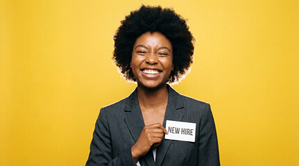 New Hire Portrait: An enthusiastic young woman stands poised in a business attire, radiates the fresh beginning in her career, the start of an adventure.