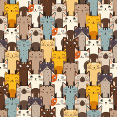 Seamless pattern with funny cats. cats doodle. Great for fabric, textile, wrapping, book cover, wallpaper. Vector Illustration