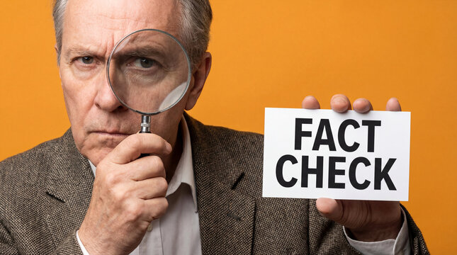 Fact Check Scrutiny: A focused individual intently examines a 'Fact Check' message through a magnifying glass, set against a backdrop, embodying the critical nature of information verification.
