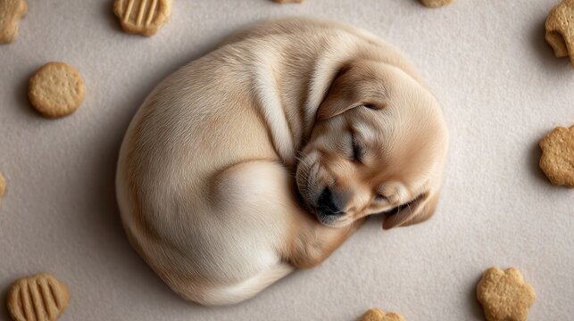 sleeping dog curled in corner with biscuits on soft cream background
