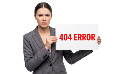 Error Message Expressed: A professional woman conveys a digital hiccup as she holds a sign that clearly states a 404 Error.
