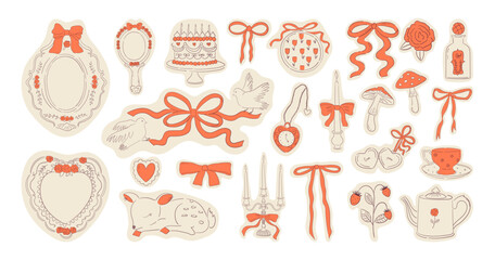 Vector set of elegant vintage stickers for romantic design. Ornate frames, ribbon bows, cake, flowers and candles for valentine's day or wedding. Coquette feminine illustrations