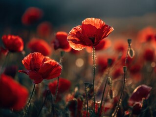 Fototapeta premium A vibrant field of red flowers bathed in sunlight, a stunning natural landscape.