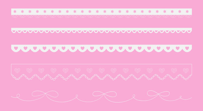Set of scalloped edges lace borders with hearts, flowers and bows. Elegant embroidery dividers in white color. Coquette frill silhouettes. Cute vector graphic
