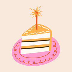Doodle illustration of cute slice of cake with candle. Birthday party celebration symbol. Quirky dessert vector design