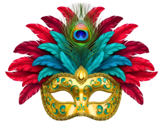 Mardi gras masquerade ball gold mask with colorful feathers isolated on transparent background
