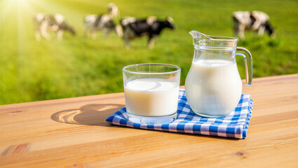 Glass of milk and pitcher on table with cows in green pasture background