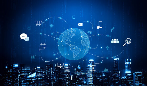 Visualization of global digital communication and online across multiple platforms, including global network, digital network, communication network, and online network. Vouch - Powered by Adobe