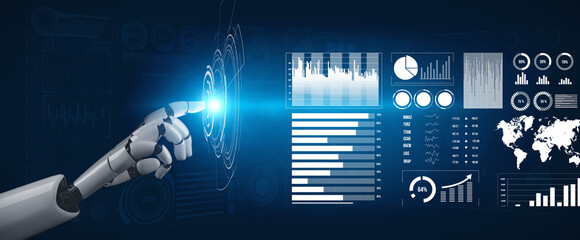 A sleek robotic hand touches a glowing point on a modern digital interface filled with vivid data visualizations and graphs illustrating advanced analytics. Impute