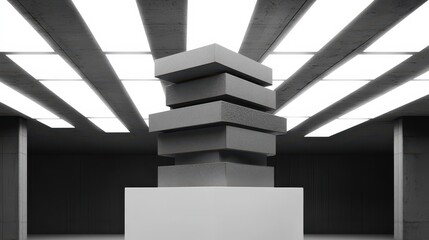 A modern abstract geometric sculpture composed of stacked grey blocks in a minimalist architectural setting with dramatic lighting