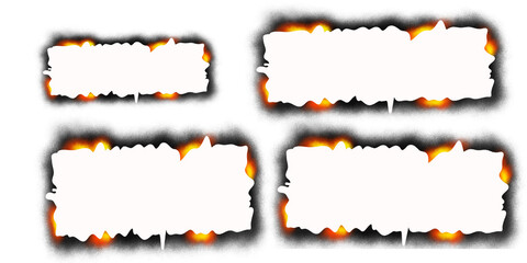 Burning Paper Frames – Jagged White Text Boxes with Fiery Glow on Black Background for Dramatic Graphic Design Use