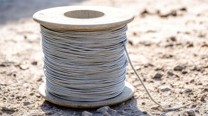 Fototapeta premium A large spool of thick gray nylon cord lies on the dirt ground ready for repairs and construction projects
