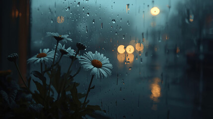 Daisy flowers glistening with raindrops outside a foggy window, blurred background of city lights reflecting on wet streets, cozy and moody atmosphere, raindrops trickling down the glass, cool-toned