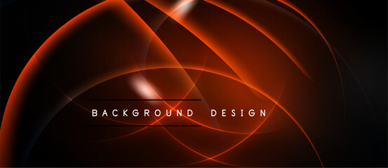Abstract design features curved lines, vibrant orange hues, dark background. Modern aesthetic, suitable for digital presentations.