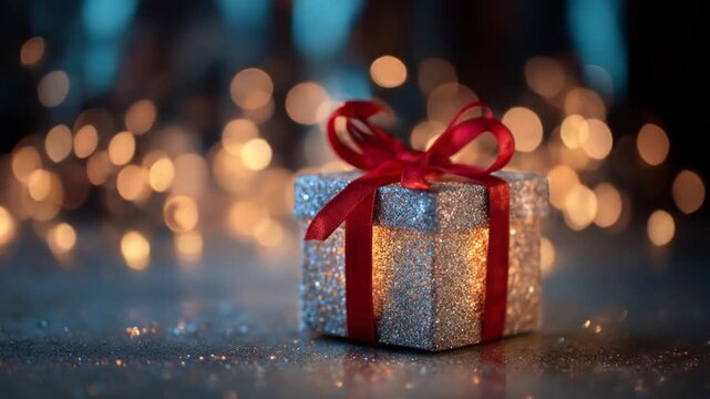 A beautifully wrapped silver gift box with a red ribbon sits elegantly on a reflective surface, surrounded by shimmering golden lights, evoking a festive holiday atmosphere