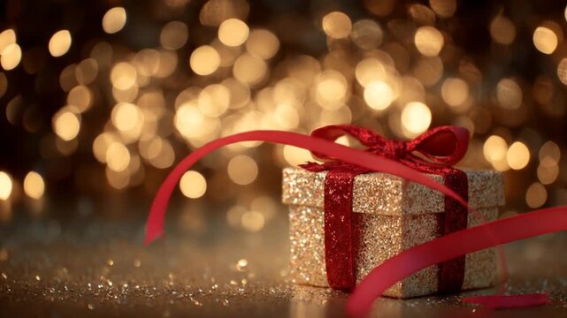A beautifully wrapped gift box adorned with a red ribbon sits elegantly on a shimmering surface, surrounded by warm bokeh lights, evoking a festive atmosphere perfect for celebrations