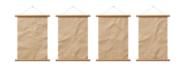 Set of four hanging blank vintage paper scrolls with wooden rods on a black background.