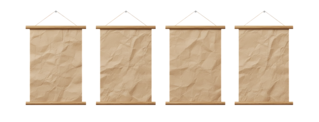 Set of four hanging blank vintage paper scrolls with wooden rods on a black background.