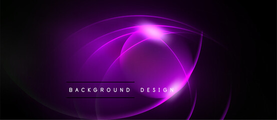 Abstract purple glow, curved lines create dynamic visual. Dark background emphasizes bright central light source, modern design element.