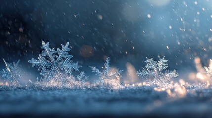 Beautiful snowflakes close up, sparkling on the ground with a blue background.
