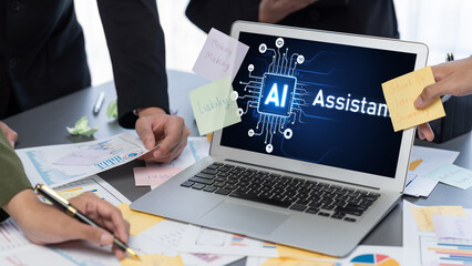 Analyst team use sticky note for creative and analytic brainstorm for business idea with BI data dashboard on laptop screen. Analysis financial data visualization tech for marketing strategy. Prodigy