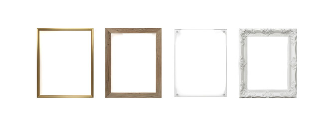 Empty picture frames set isolated on white background. Wooden and classic photo frames for posters, mockups, wall decor, gallery design, branding layouts and interior presentations.