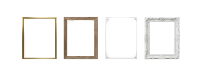 Empty picture frames set isolated on white background. Wooden and classic photo frames for posters, mockups, wall decor, gallery design, branding layouts and interior presentations.