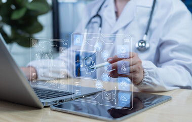 Digital health monitoring concept with artificial intelligence interface including medical, fitness, and wellness icons for modern healthcare innovation.